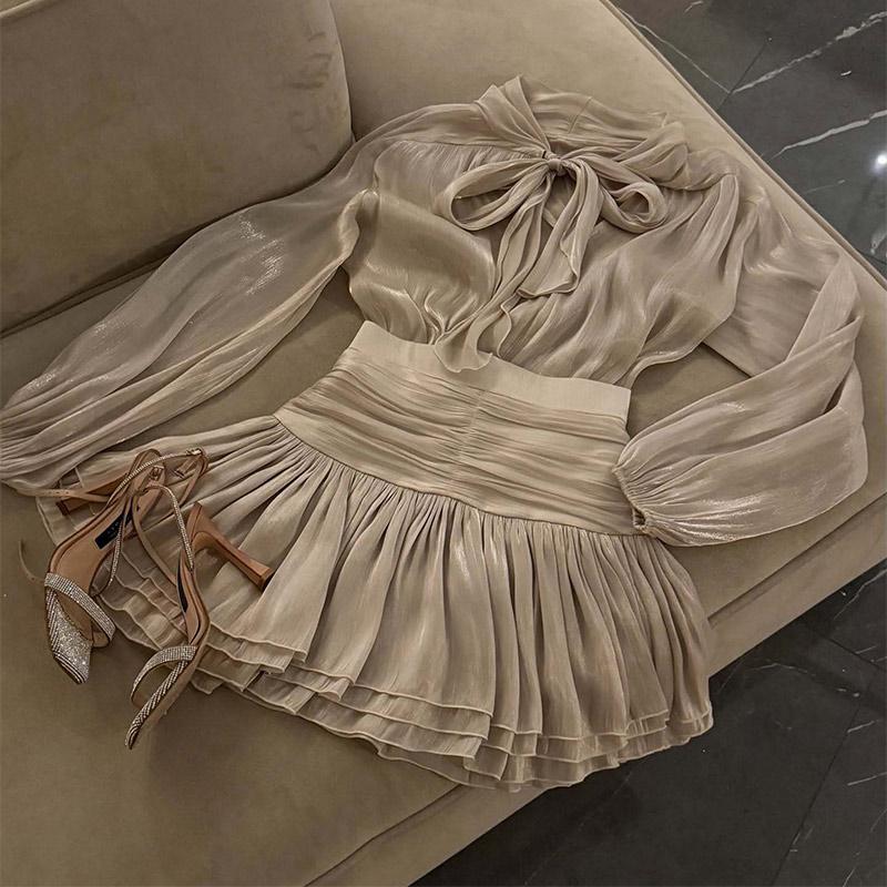 Elegantní mašle na sukni, obleky pro ženy, šněrování, O-výstřih, halenka s lanternovými rukávy a vysokým pasem, sladká skládaná sukně, jarní nová sada 2 kusů