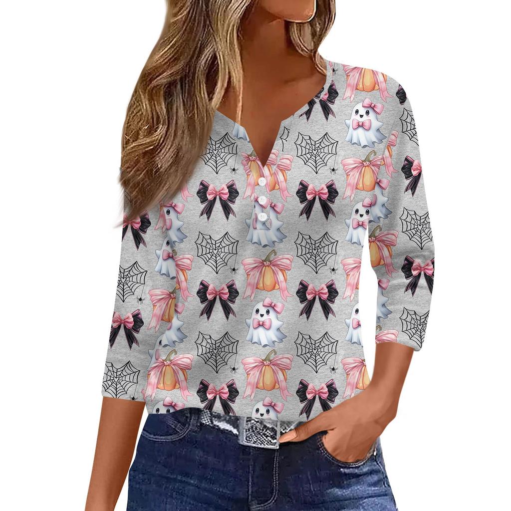 3/4 Ärmel Damen Tops Halloween Print Vintage Mode Lässig Locker Mit V-Ausschnitt Übergröße Shirts
