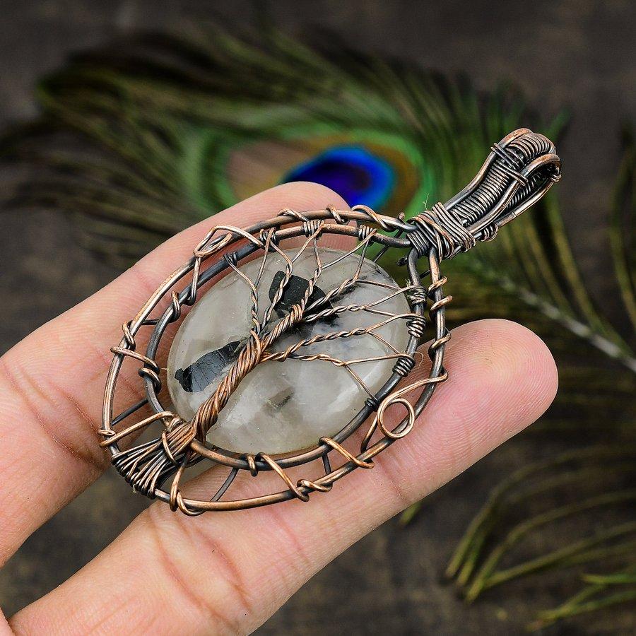 Black Rutile Gemstone Copper Wire Wrap Jewelry Pendant 2.99"