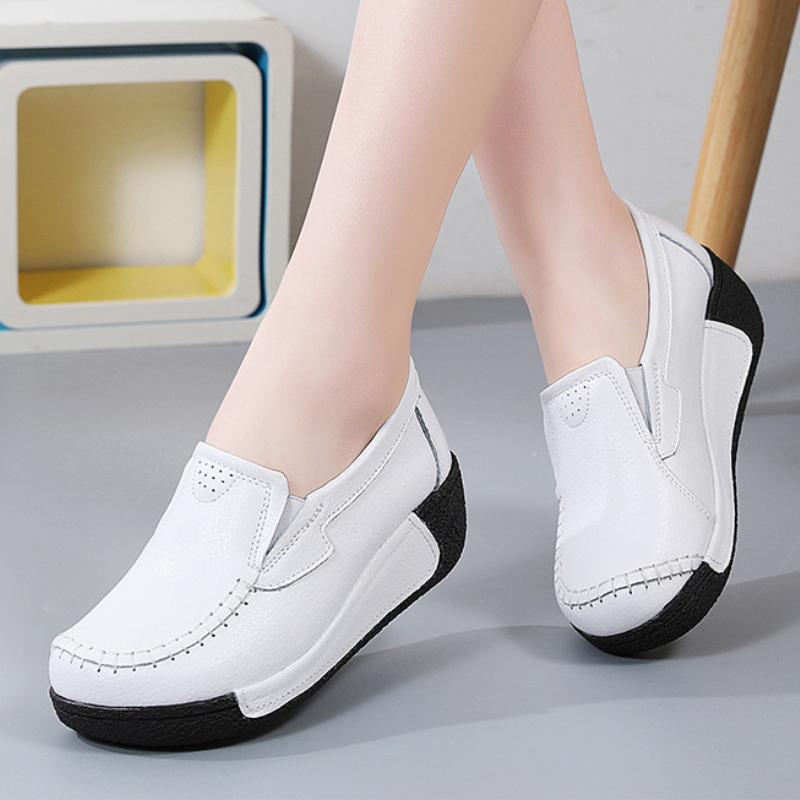 Fashion Platform Shoes Genuine Leather Wedge Heels Casual Shoes Slip-on Loafers Daily Walking Shoes