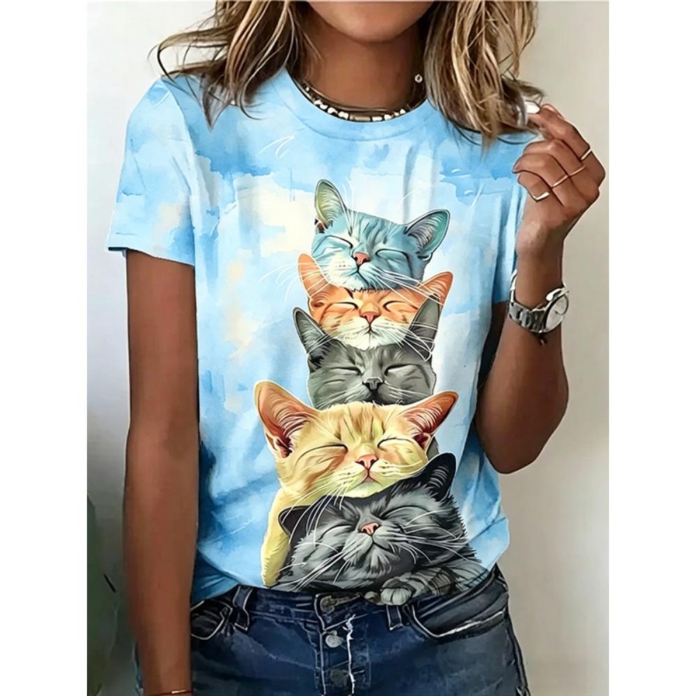 Cute cartoon cat pattern 3D printed women s clothing short sleeves 2XS