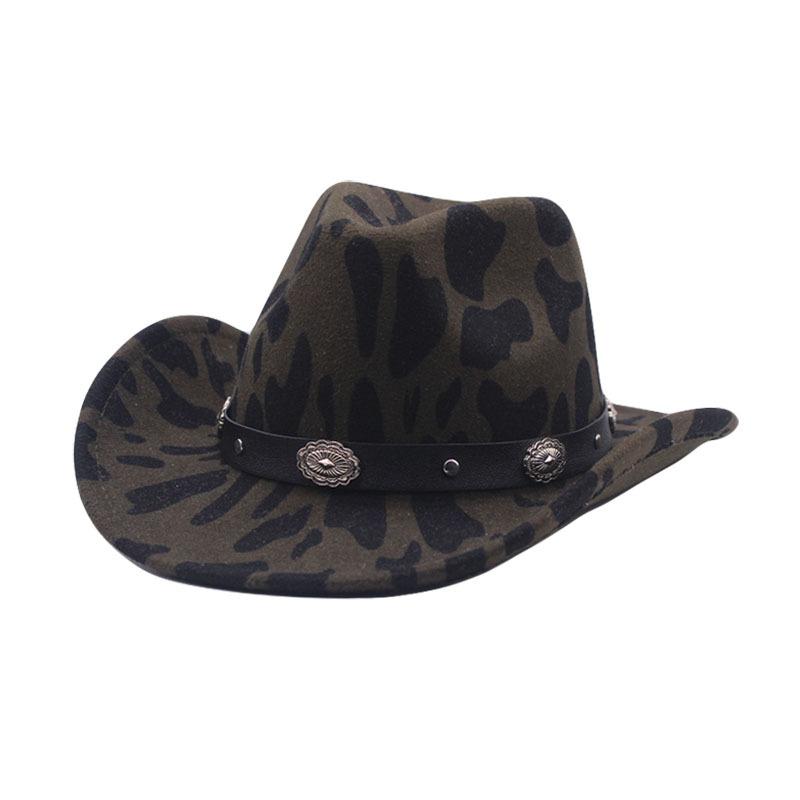 Autumn and winter British style cow pattern woolen jazz top hat men and women European and American big eaves hat fashion belt upturned hat