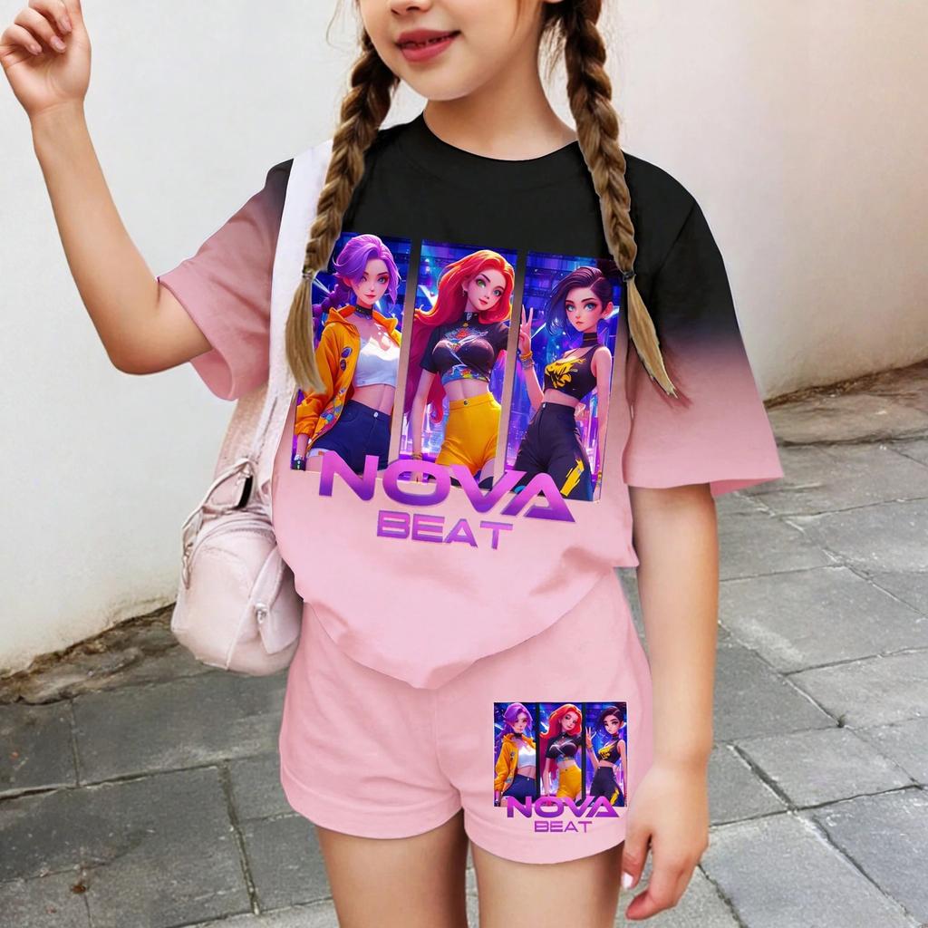 Kids Casual Short Sleeve T-Shirt and Shorts Set Graphic Printed Comfortable Lightweight Summer Outfit for Girls