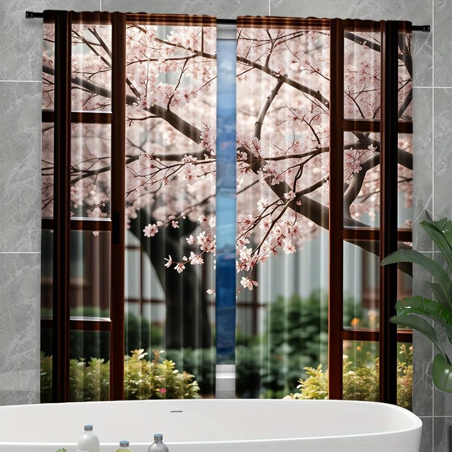 2PCS Digital Printed Curtains, Cherry Blossom Tree by Window Pattern, Stylish Window Treatment for Living Room Bedroom Decor
