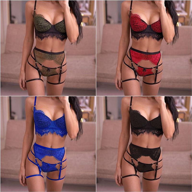 Sexy lingerie set with lace patchwork and sexy three piece lace lingerie with hollow out straps for women's lingerie set