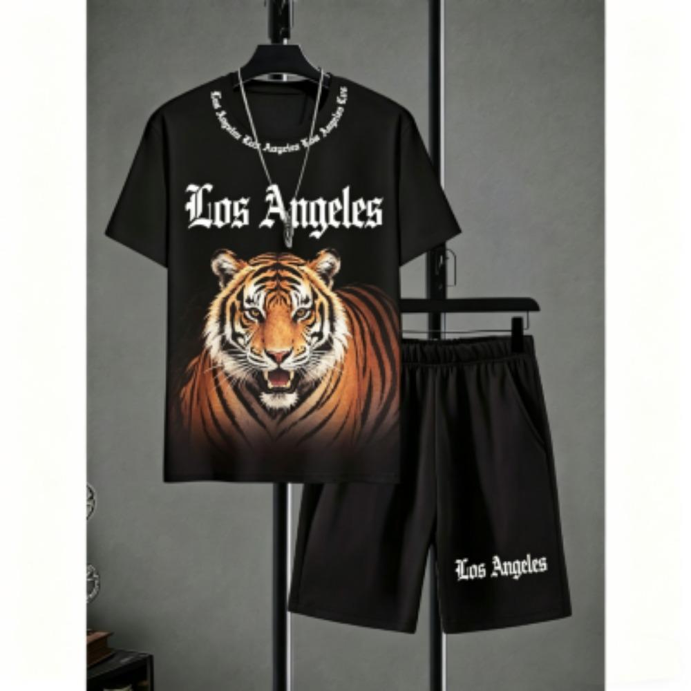 Fashion Men's Set Animal Tiger Lion Printed Men's T-shirt and Shorts 2 Piece Set Summer Casual Outdoor Men's and Women's T-shirt Sets