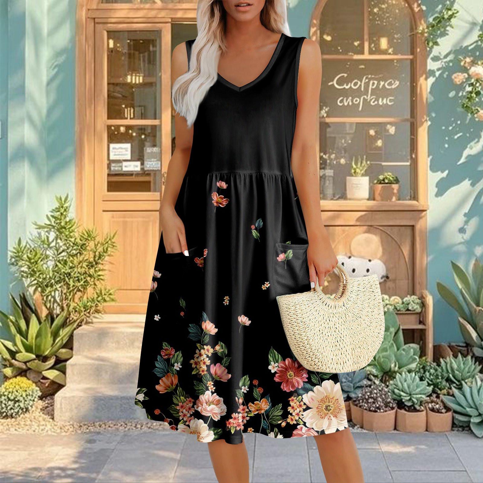 

Summer Casual Midi Dresses For Women Vocation Elastic Waist Sleeveless Knee Length Sundress With Pockets Loose Fit XL