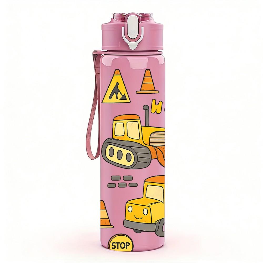 1PC Construction Truck Pattern 750ml Color Plastic Sports Water Bottle Leakproof Flip Straw Lid Suitable for Sports Office Home Use