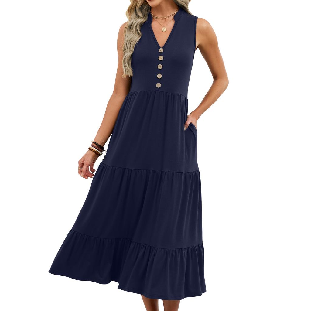 European Style Spring and Summer Solid Color V-Neck Button Casual Sleeveless Tank Maxi Dress