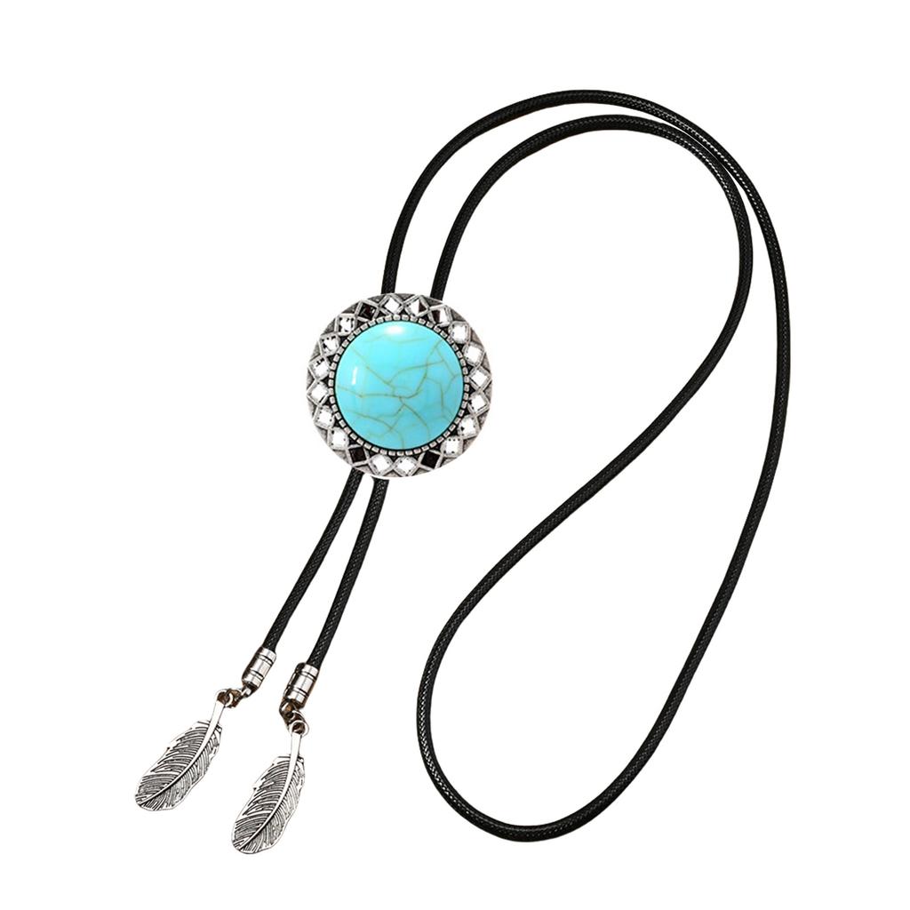 Men's Rodeos Western Leather Cord Bolo Tie Antique Floral Stone Jewelry Cowboy Necktie Necklace with Feathered Pendant