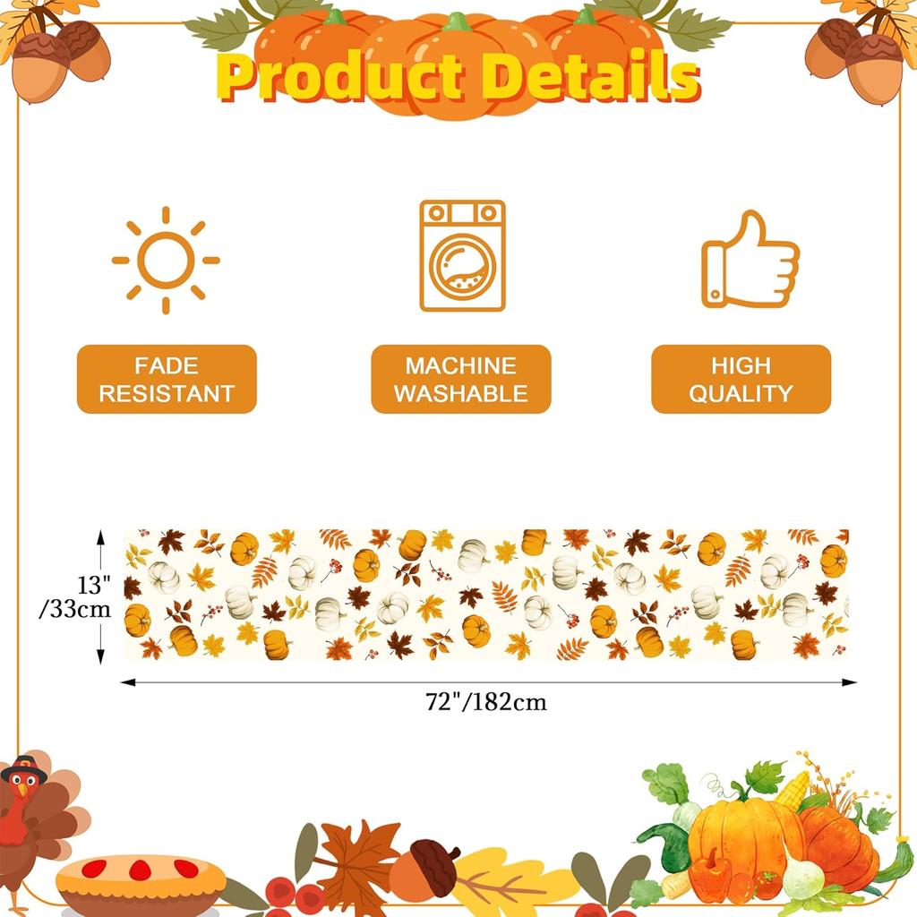 YATOJUZI Maple Leaf Pumpkin Table Runner - Fall Autumn Table Runners Home Kitchen Dining Table Decorations Decor for Thanksgiving Day Party - 13x72