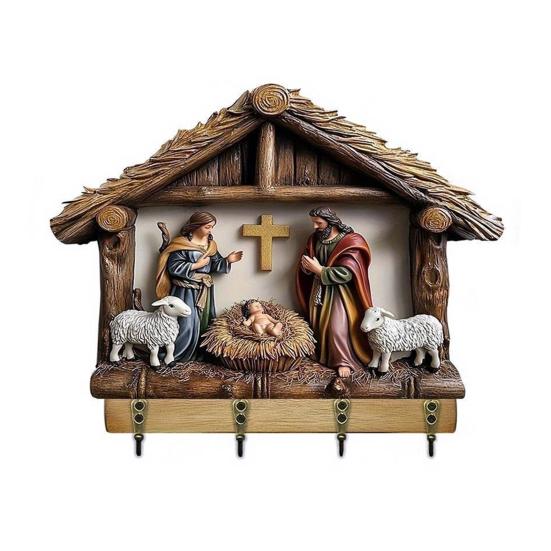 Dřevěný křesťanský držák na klíče 2D plochý Ježíš přijímání umění klíčenka stojan se 4 háčky náboženský nástěnný stojan na klíče pro vstupní halu domácí dekorace