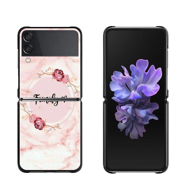 Pink Marble Flower Phone Case For Samsung Galaxy Z Flip3 5g Back Pc Case For Samsung Z Flip Capa Black Shell Hard Fundas