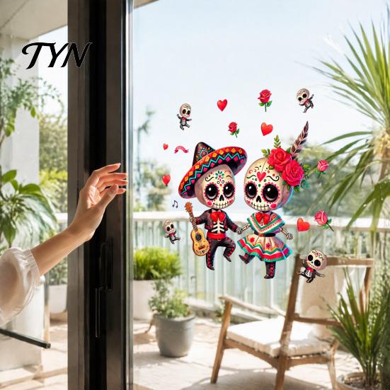 Removable Glass Art for Stores Halloween Cartoon Skeleton Couple Window Stickers, Waterproof PVC Day of The Dead Static Decals,