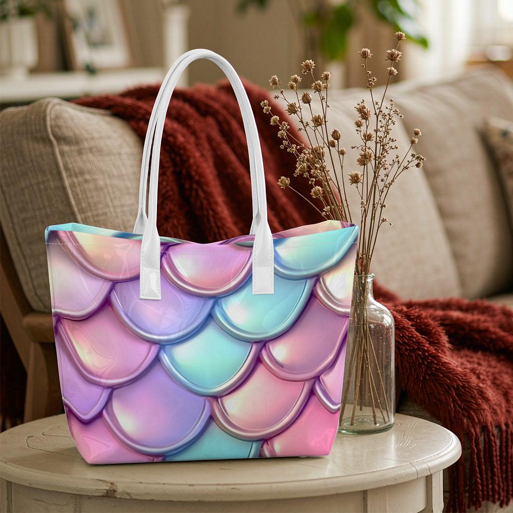 Iridescent Mermaid Scales Pattern Casual Tote Bag for Women Portable Daily Use Stylish Shoulder Handbag