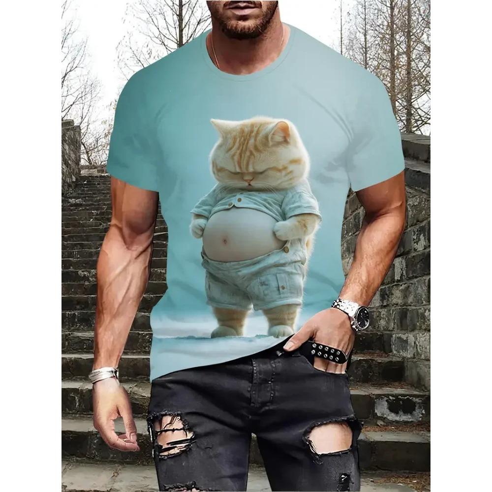 Summer Round Neck 3D Print Funny Cat Pattern Top Fashionable Casual Short Sleeved Men's T-shirts