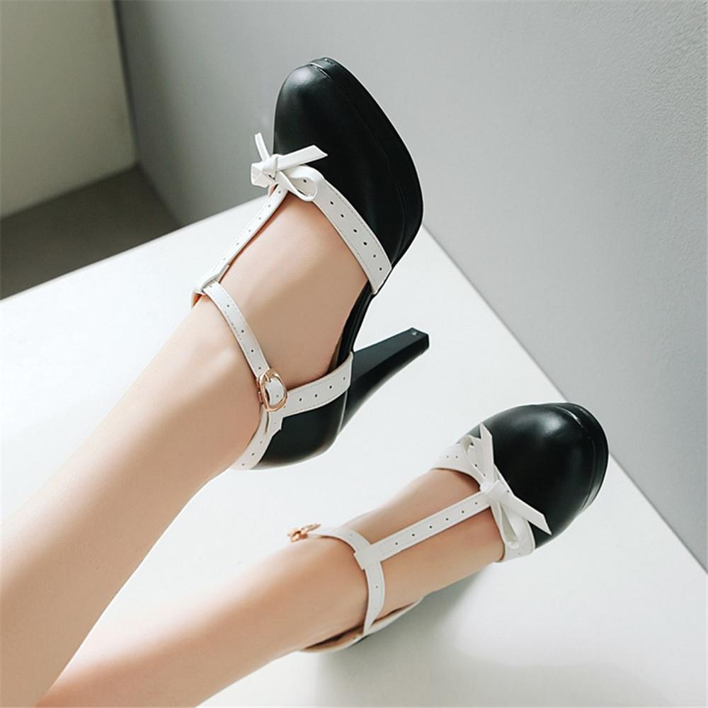 Fashion Women's T Strap High Heels Round Toe Heel Pumps Women Platform Pumps Bow Party Wedding Shoes Chaussures De Femme Size 33-48