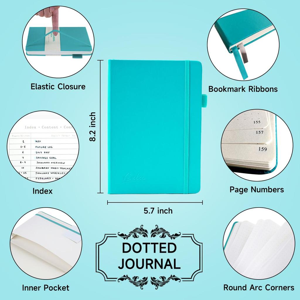 Feela Bullet Journal Synthetic A5 Dot Pen Included Notebook, Leather, Size, Grid, (Blue-Green)