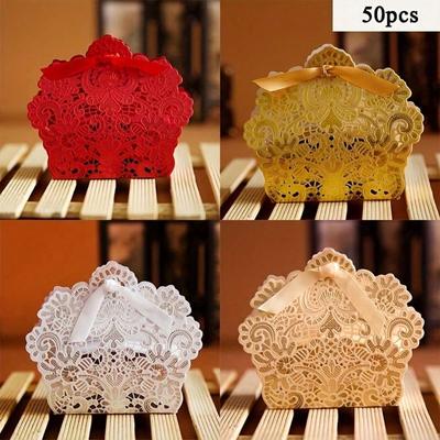50 PCS Laser Cut With Ribbon Wedding Party Favor Box, Wedding Gift Box, Chocolate Candy And Gift Boxes Paper Bags For Packaging
