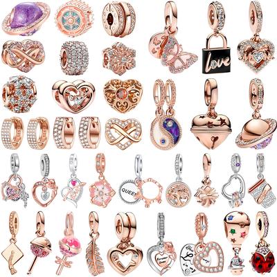 Original 925 Silver Rose Gold Charms Snowflake Heart Fish Earrings Beads For DIY Necklace Bracelet Jewelry Gift