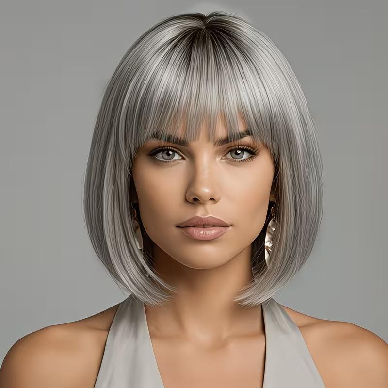 Women Synthetic Wave Wigs Short Silver Gray Wig For Cosplay Party Daily Fake Hair With Bangs Heat Resistant Fibre