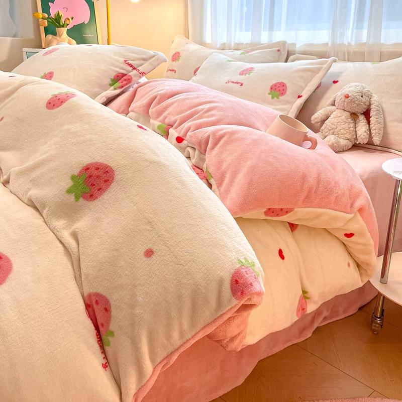 Thickened Milk Fleece Four-Piece Set, Coral Flannel Quilt Cover, Double-Sided Fleece Bed Sheet Quilt Cover, Bed Hat Three-Piece Set