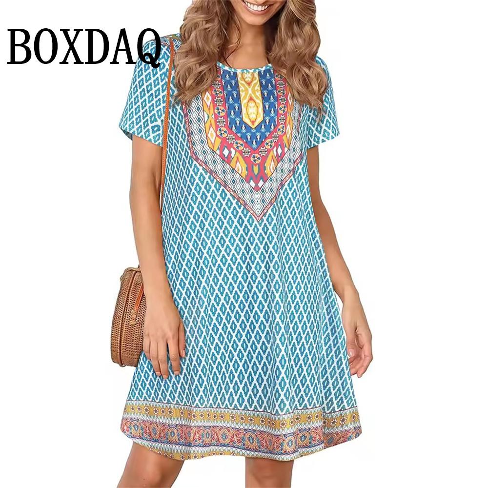 Vintage O Neck Floral Dress Womens Vintage Short Sleeve Summer A-Line Elegant Party Dresses Ladies Casual Loose Bohemian Dresses
