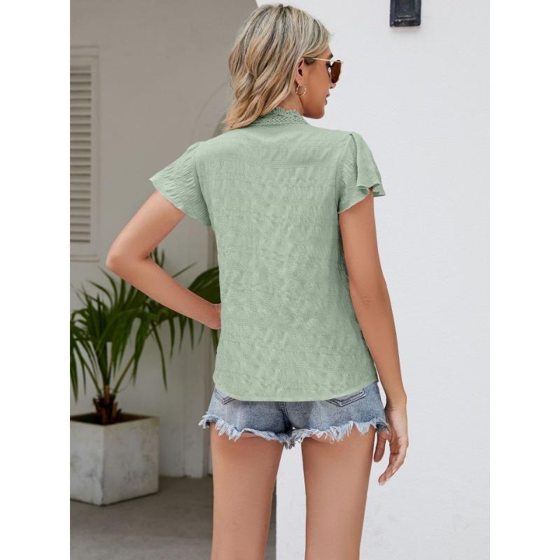 Short Sleeved Cardigan Top Women's Lace Trim V-Neck Flutter Sleeve Blouse