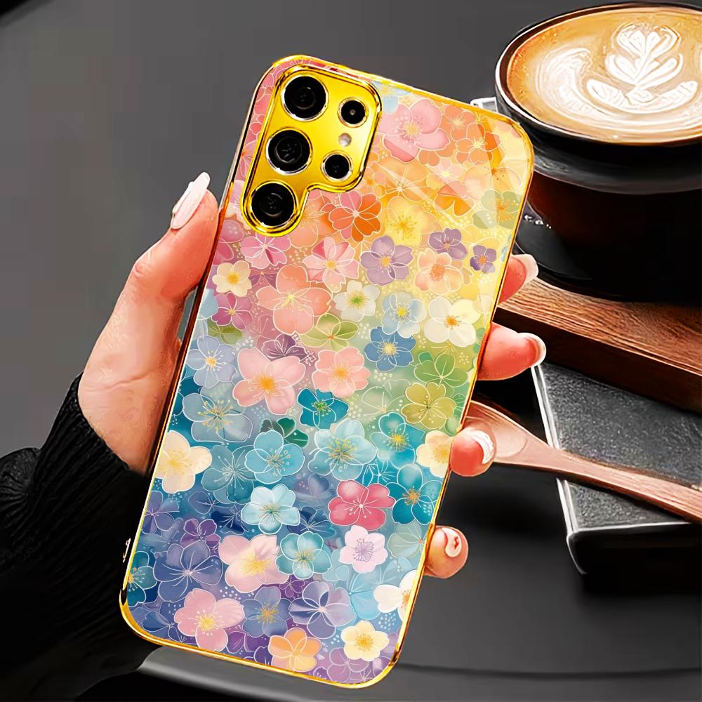 Colored Small Flowers Simplicity High-end Electroplating Glass PhoneCase for Samsung Galaxy S26 S25 S24 S23 S22 FE,Ultra,Plus