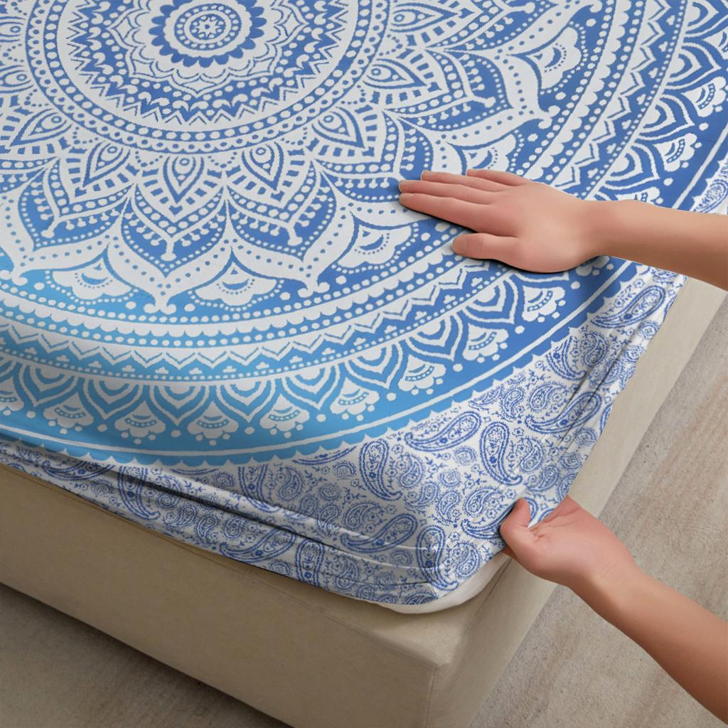 1pc Blue Bohemian Style Printed Fitted Sheet 100% Polyester Durable Bedding Set Sheet for Home Bedroom Decoration Birthday Gift