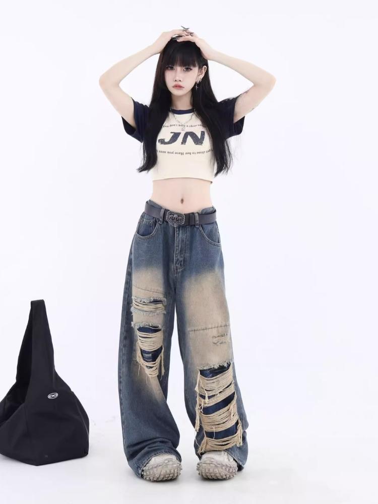 Gothic Black Jeans High Waist Vintage Women Korean Fashion Y2k Streetwear Ripped Pants Female Harajuku Casual Wide Leg Denim Trousers