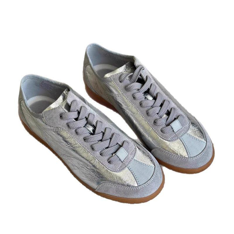 

Кожаные туфли на плоской подошве серебристые женские лоферы на шнуровке одинарные туфли спортивная и повседневная обувь 40 серебряный