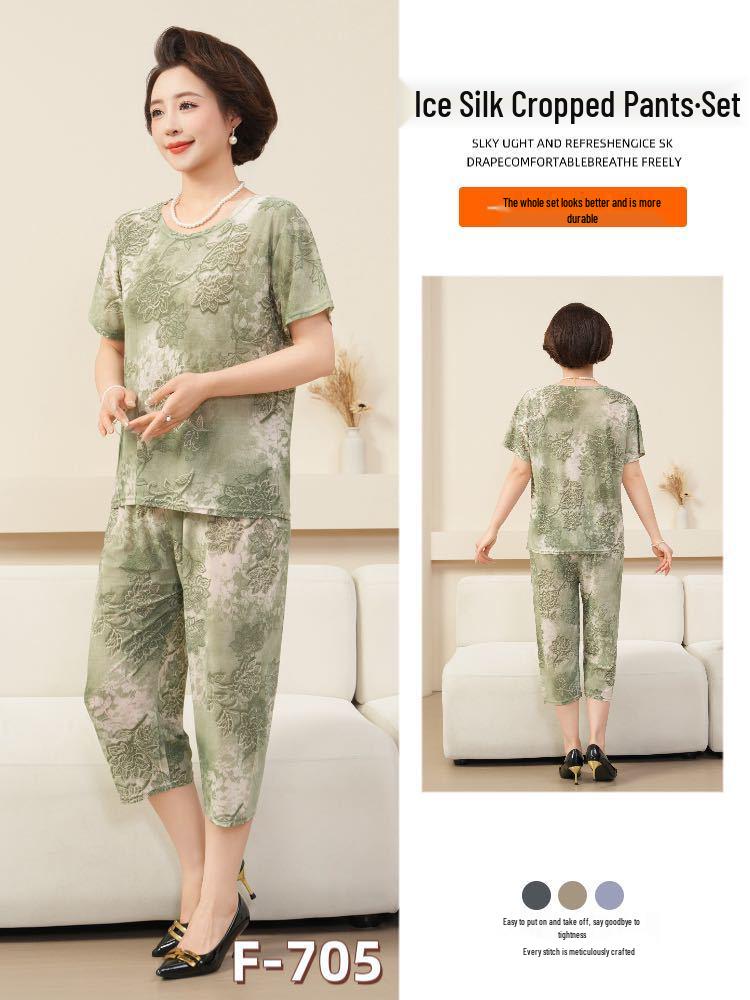 Women's Plus Size Ice Silk Pajama Set: Casual Short Sleeve Two-Piece for Middle-aged and Elderly Moms