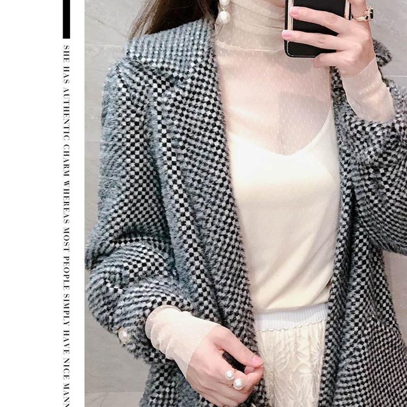 Sexy košile se spodním lemem ze síťoviny Dámské Podzimní a Zimní Tenké Přiléhavé Transparentní Gázový Top Gázový Top s vysokým výstřihem
