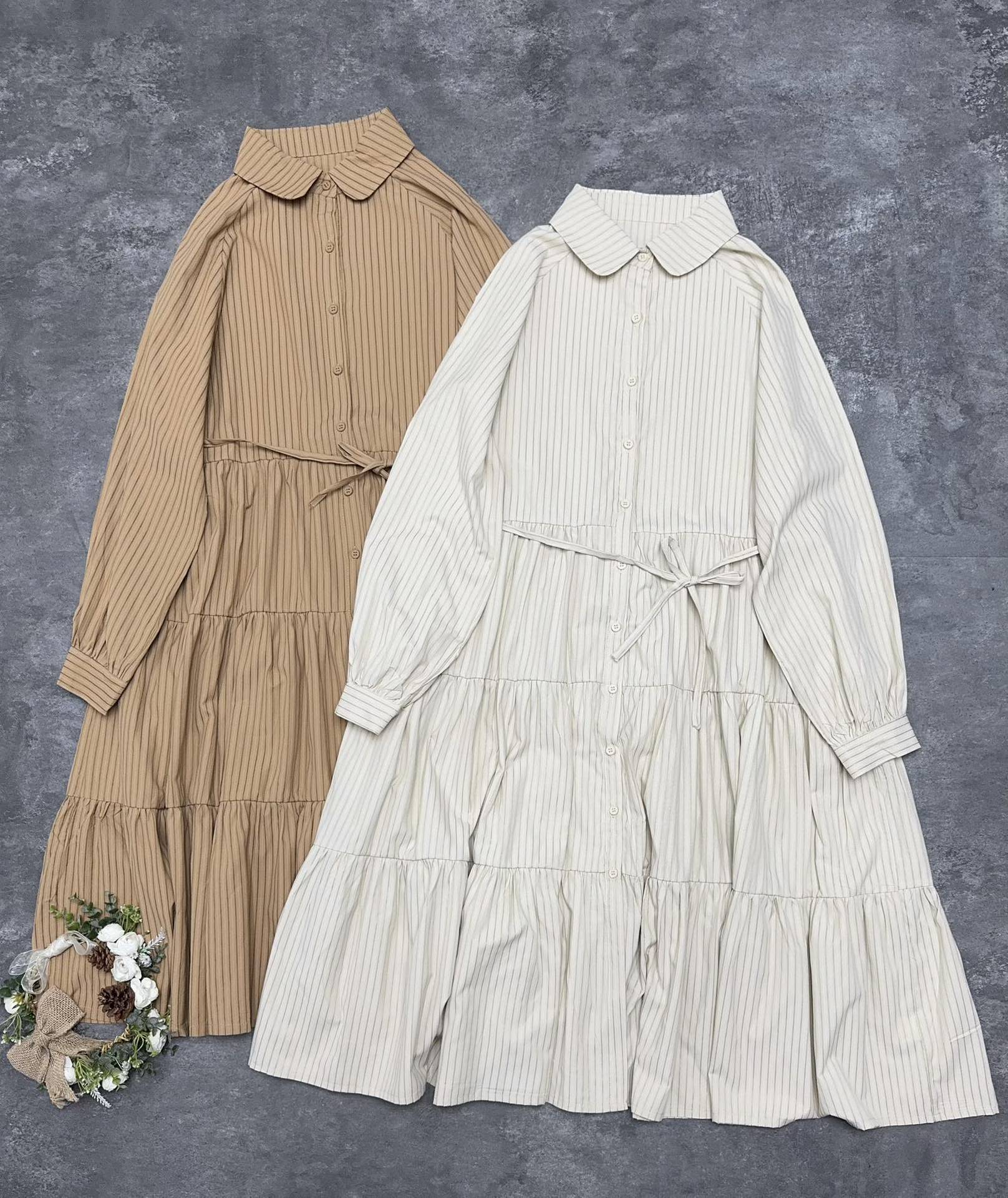 

Johnature Japanese Striped Lapel Cake Dresses Spring Retro Loose Versatile Simple Casual Solid Color Women Dresses One Size кофейный