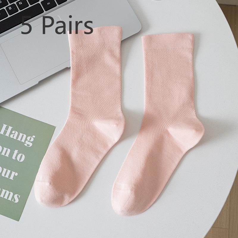 5 Pairs White Socks Women Summer Thin Cotton Mid-calf Socks Mesh Breathable Cool Feeling Fragrance Antibacterial Anti-odour Monthly Stockings