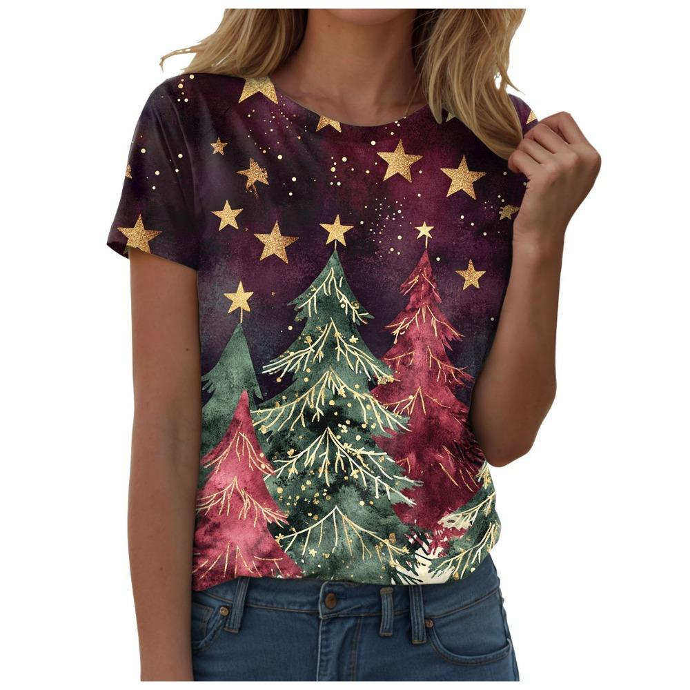 Women's Round Neck Short Sleeved T-shirt, Paired with a Charming Christmas Tree Gift Snowman Print Top