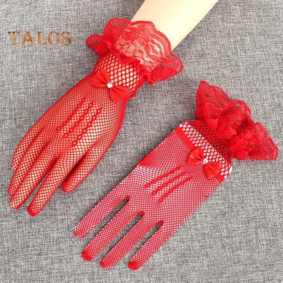 1 par ballhansker for kvinner Gjennomsiktig blonderbue Faux Pearl Dekor Hollow Out Fishnet volangkant Tynn Helfinger Forestillinger Brude Bryllupshansker