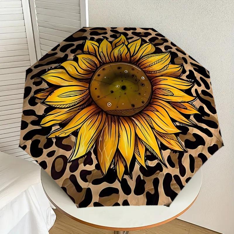 1P Leopard-print sunflower Umbrella-8-Rib Reinforced, Automatic Open, Lightweight & Durable, Cute Fashion Accessory for Outdoor-Q203