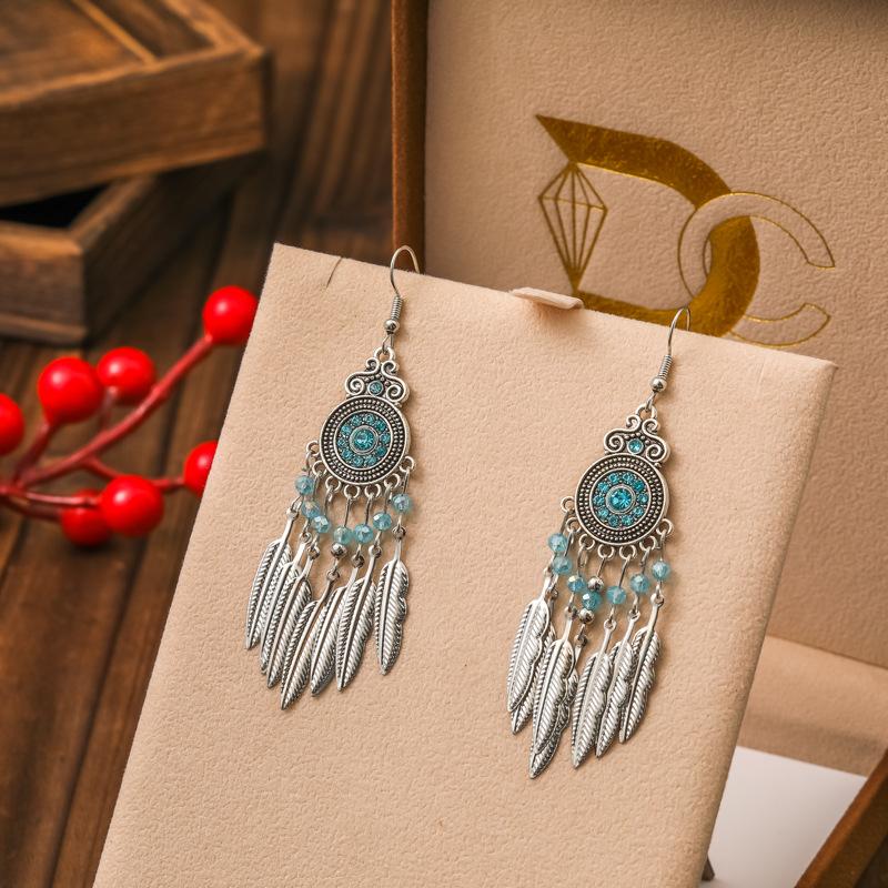 

Vintage Bohemian Drop Dangle Earrings For Women Geometric Crystal Beads Handmade Leaf Tassel Ethnic Boho Beach Holiday Zircon светло-синий