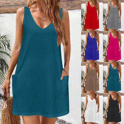 Womens Summer Dresses Plain Loose V Neck Sleeveless Sundresses Swimsuit Coverup with Pockets