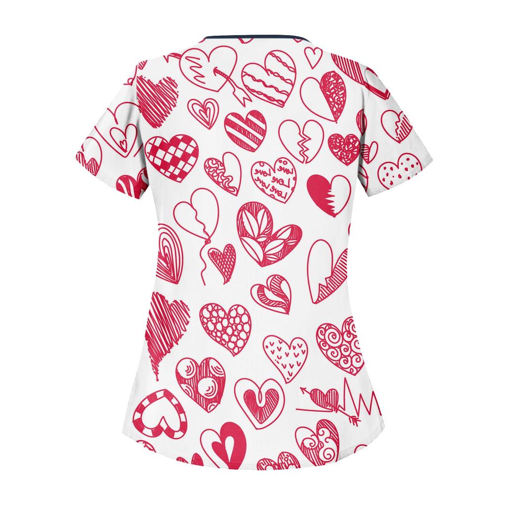Damen-Arbeitsschutzoberteil mit bedrucktem Valentinstags-Print, schrägem Kragen und zwei Taschen