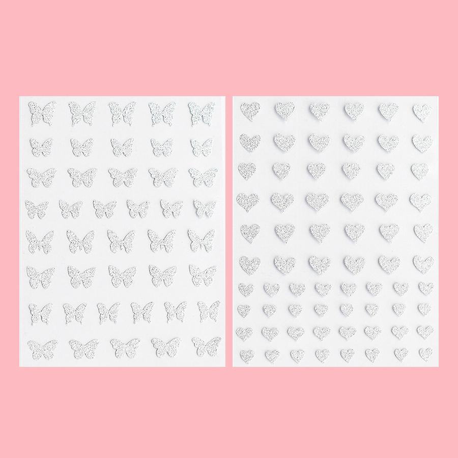 2 Sheets Glitter Silver Nail Stickers, Heart Bear Star Butterfly Designs Decals for Nail Art Decoration