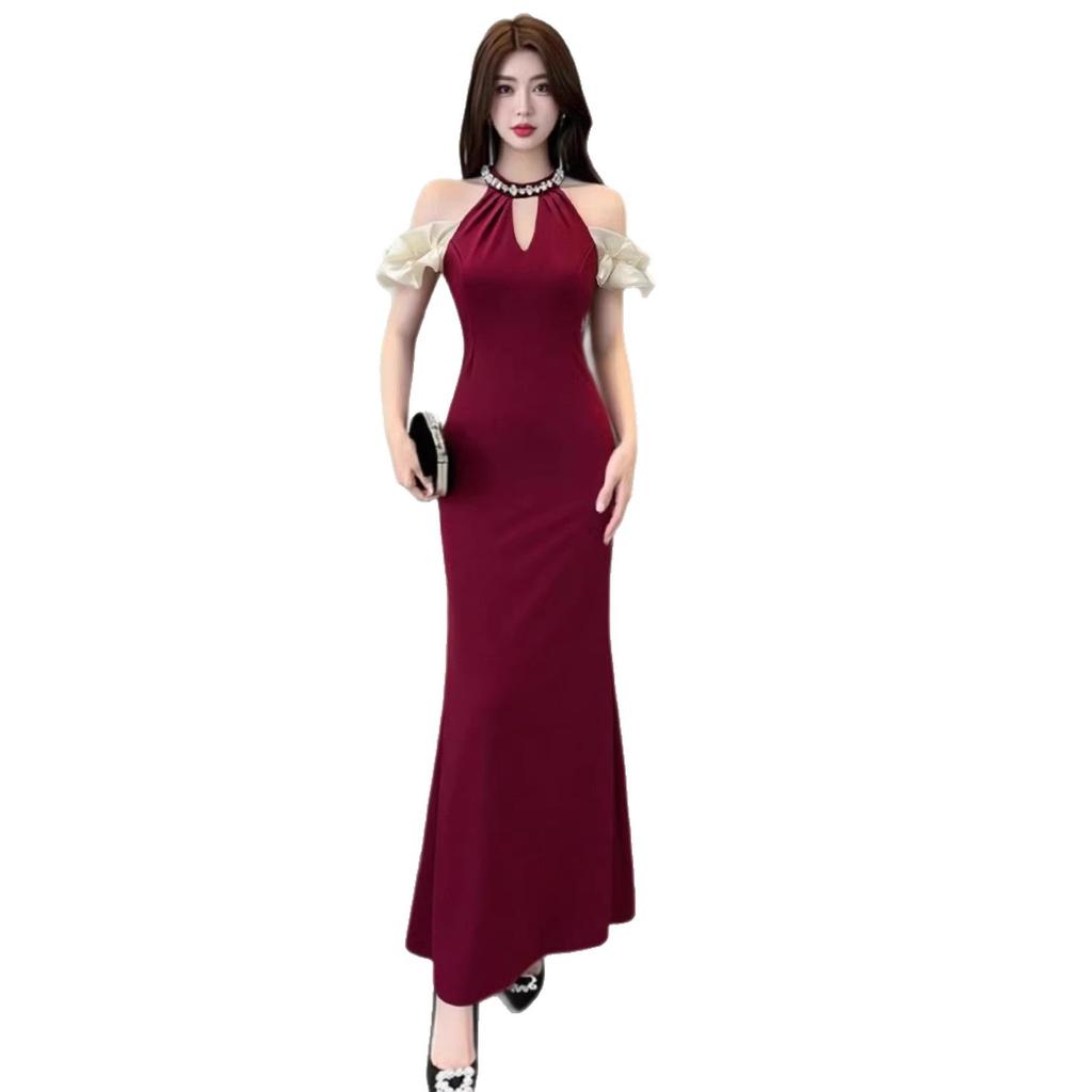 French beautiful sexy neck red fishtail dress long dress female royal sister style new waist slim dress