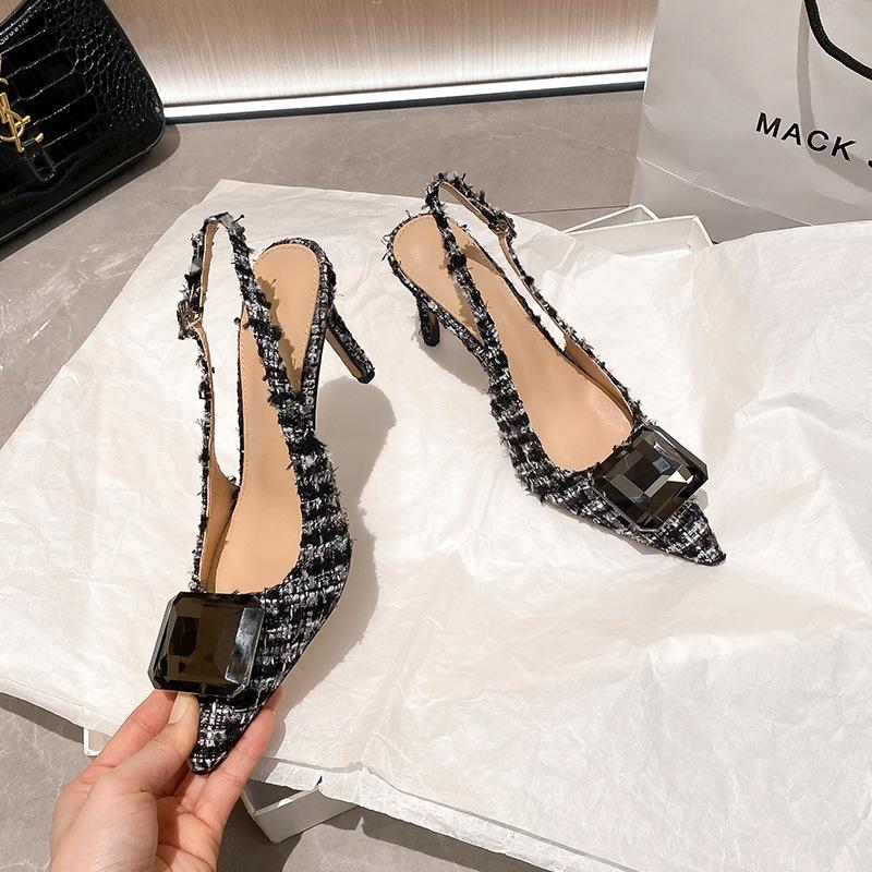 Fashion French-Style Toe And Backheel Sandals, New Spring 2025 Style, Pointed Toe, Thin Heel, Gemstone Rhinestone High Heel Single Shoes