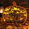 Wooden Halloween Pumpkin Decoration with Carved Pattern and LED Lights Halloween Pumpkin Ornament for Indoor Display Halloween Themed Wooden Craft