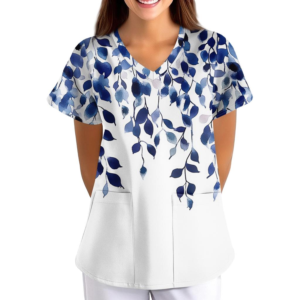 Loose Fit V Neck Short Sleeve Medical Scrub Top with Pockets for Nurses Caregivers Floral Print Comfortable Workwear