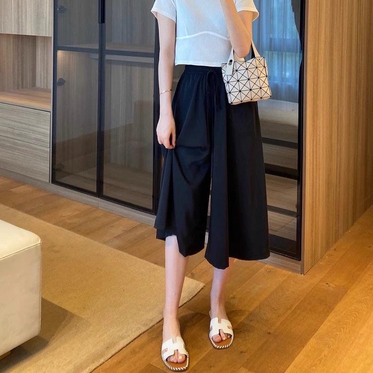 Hochtaillierte Eisseiden-Hose mit weitem Bein für Damen - Sommer Schlankmachend, Koreanischer Stil, Lockere Passform, Birnenform-freundlich, Rockhose mit Kordelzug