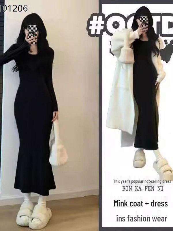 Women's Fleece-Lined Long Fishtail Dress - Pure & Sexy Style, Slimming Square Neck, Perfect for Autumn/Winter.