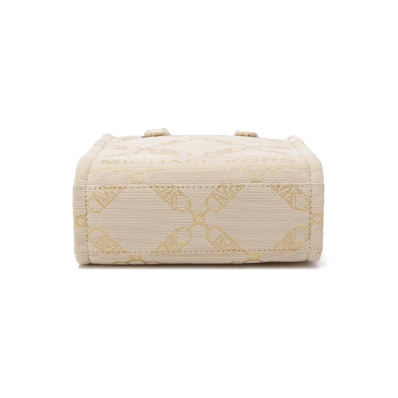 Michael Kors MK Gigi Diamond Pattern Chain Open Tote Fabric Crossbody Bag Mini Women Handbags Beige Gold 32F3G3GC9J-NAT-PALEGOLD